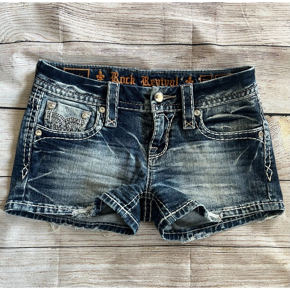 Rock Revival Karla Shorts Jean Size 26- Distressed, Rhinestones & Embroidery